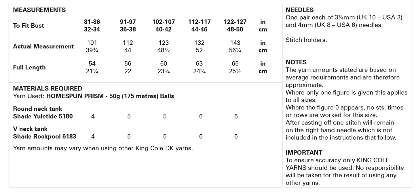 King Cole 5994 Adult DK Round V-Neck Tank Tops Knitting Pattern