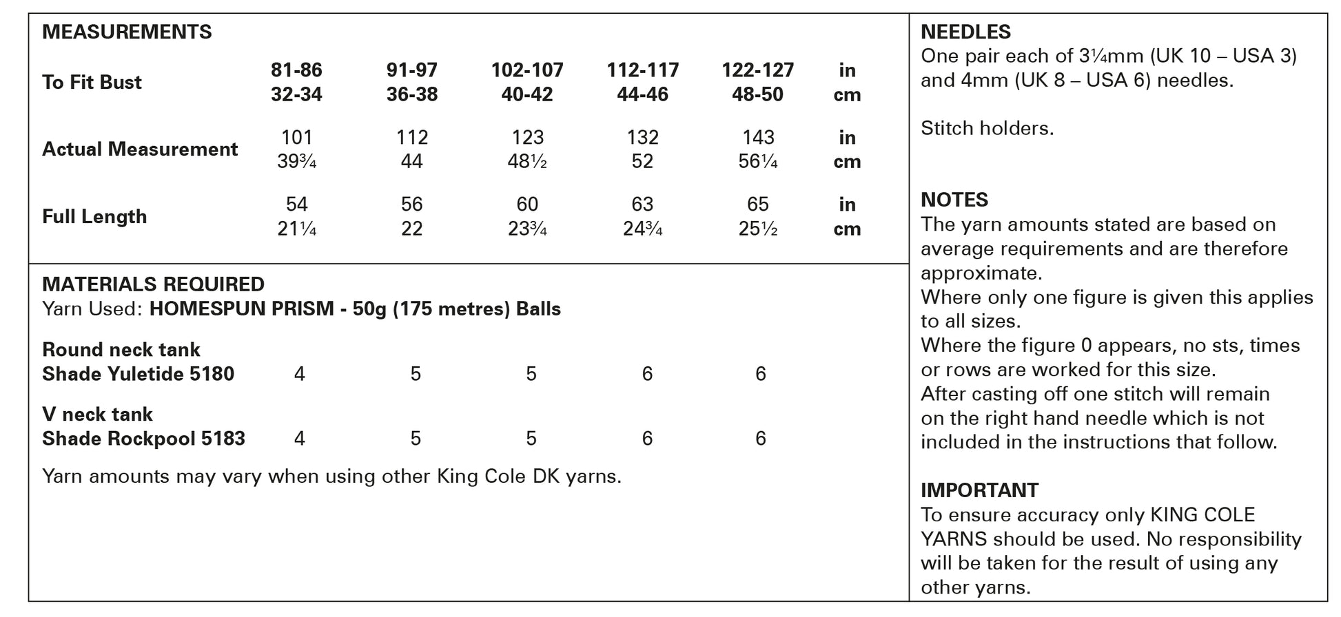 King Cole 5994 Adult DK Round V-Neck Tank Tops Knitting Pattern
