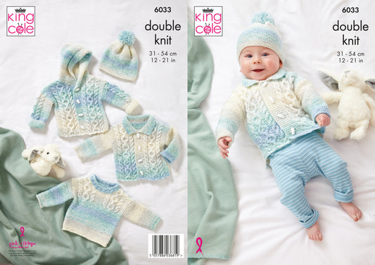 King Cole 6033 Baby DK Jacket Sweater Cardigan Hat Knitting Pattern