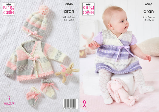 King Cole 6046 Baby Aran Pinafore Dress Cardigan Hat Knitting Pattern Set