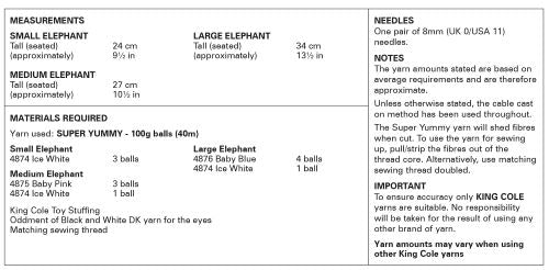King Cole 9185 Super Yummy Elephant Toy Knitting Pattern