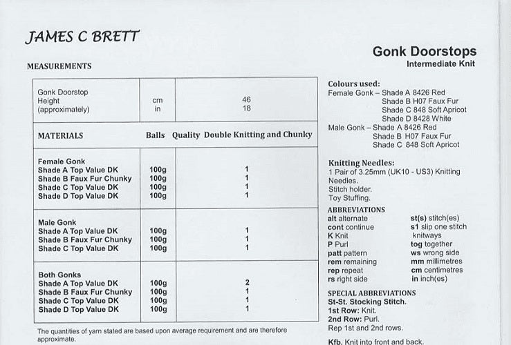 James C Brett DK JB810 Santa Gonk Doorstop Toy Knitting Pattern