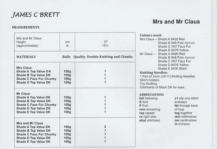 James C Brett DK JB814 Santa Mrs Claus Toy Knitting Pattern