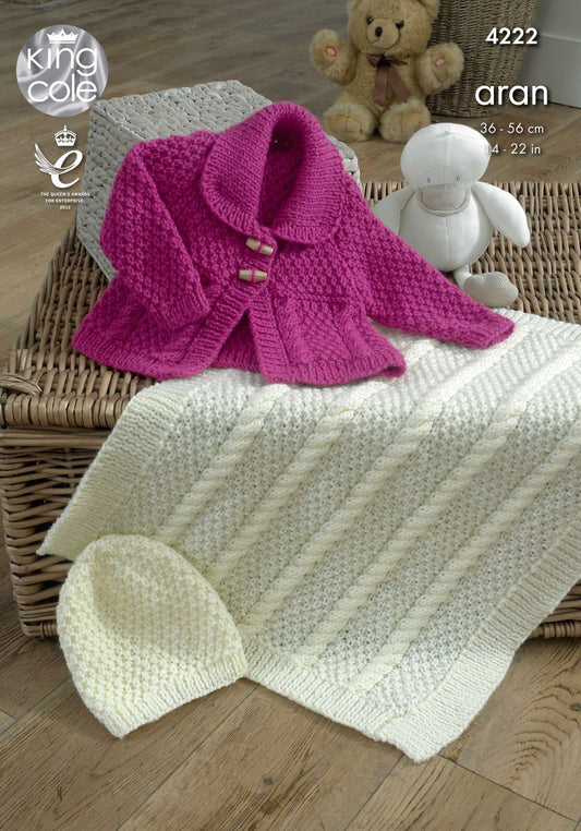 King Cole 4222 Aran Babies Jacket Blanket Hat Knitting Pattern
