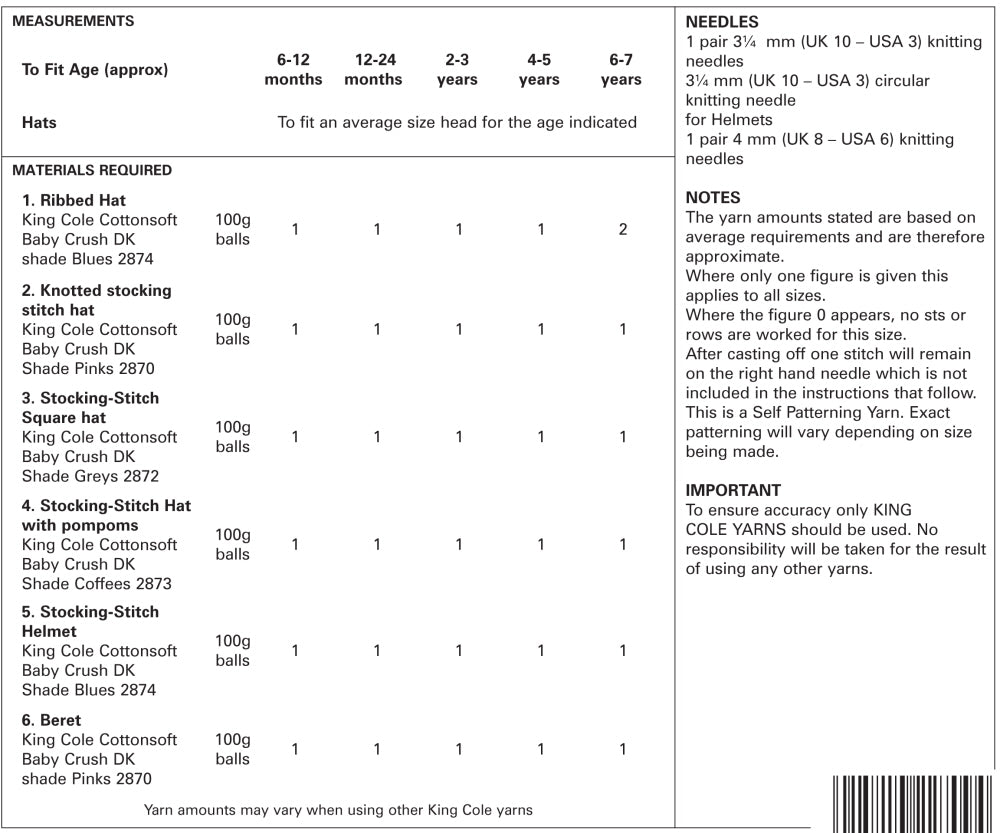 King Cole 5105 DK Baby Hat Knitting Pattern