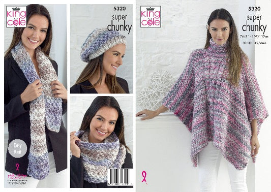King Cole 5320 Adult Super Chunky Tabard Hat Scarf Cowl Knitting Pattern