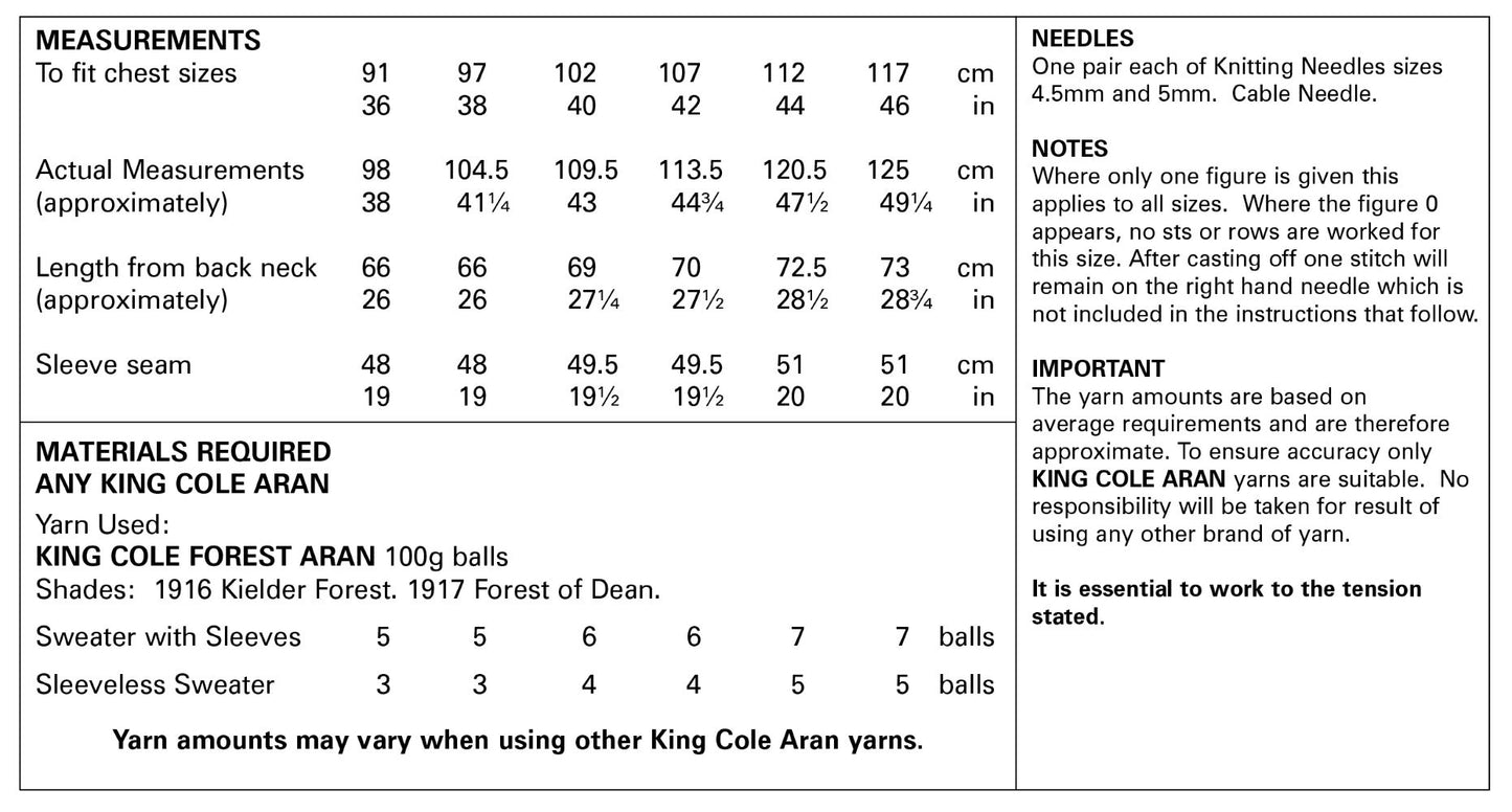 King Cole 5659 Aran Adult Sweater Sleeveless Sweater Knitting Pattern