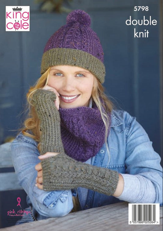 King Cole 5798 DK Adult Hat Snood Wrist Warmers Knitting Pattern
