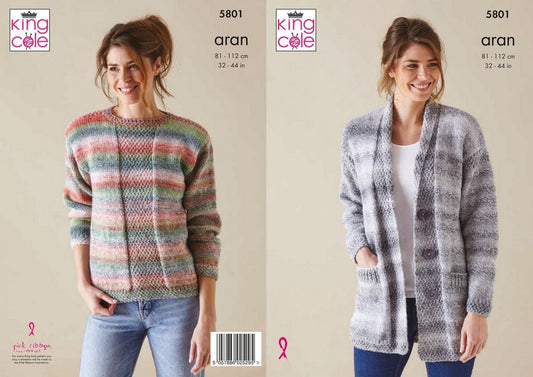 King Cole 5801 Adult Aran Cardigan Sweater Knitting Pattern