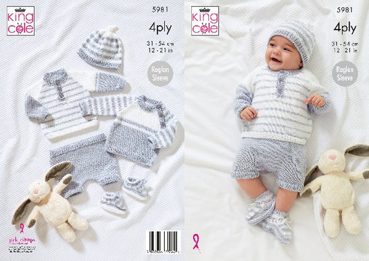 King Cole 5981 Baby 4Ply Sweater Pants Hat Bootees Knitting Pattern