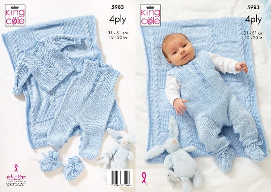 King Cole 5983 Baby 4ply Jacket Dungarees Bootees Blanket Knitting Pattern