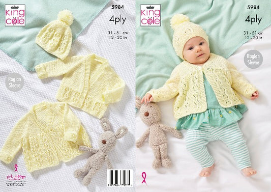 King Cole 5984 Baby 4Ply Matinee Jacket Cardigan Hat Knitting Pattern