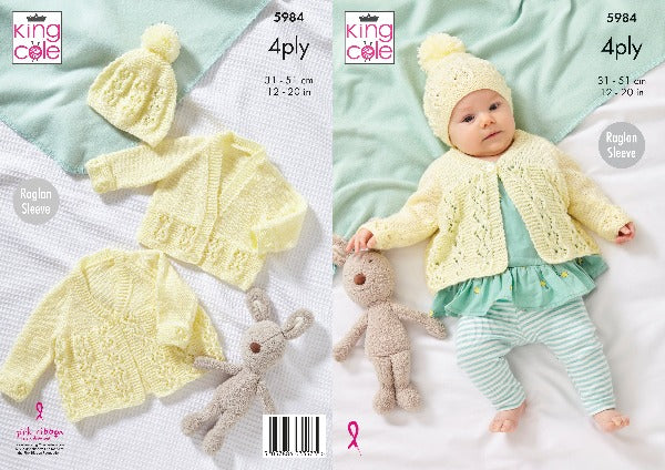 King Cole 5984 Baby 4Ply Matinee Jacket Cardigan Hat Knitting Pattern
