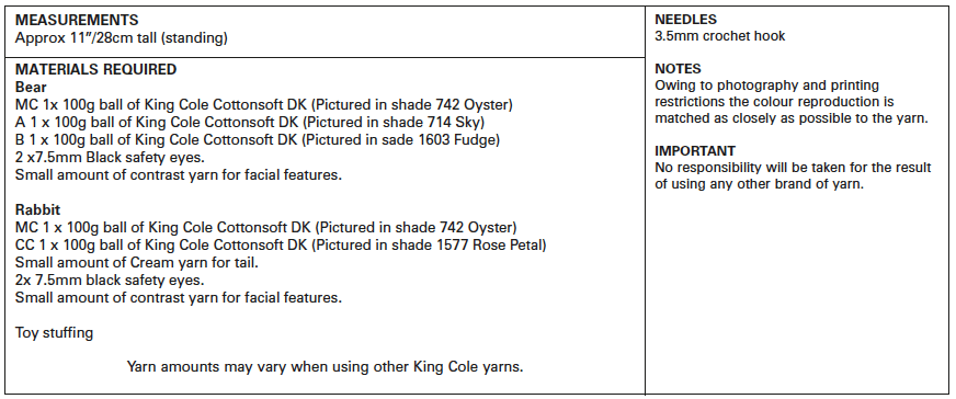 King Cole 9126 Bear and Rabbit Crochet Pattern