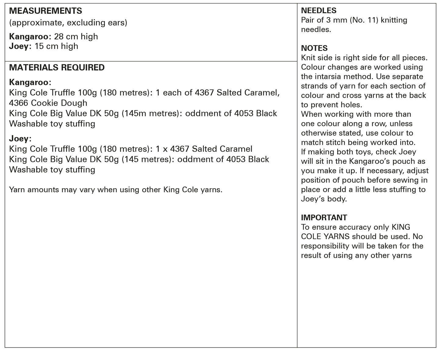 King Cole 9161 Kangaroo Joey Teddy Knitting Pattern