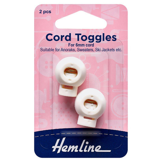 Hemline Cord Toggles 6mm White 2 pieces