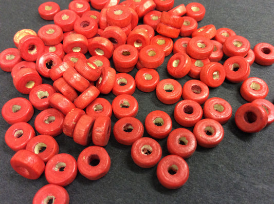 Wooden Beads Flat Round Red Pack 100