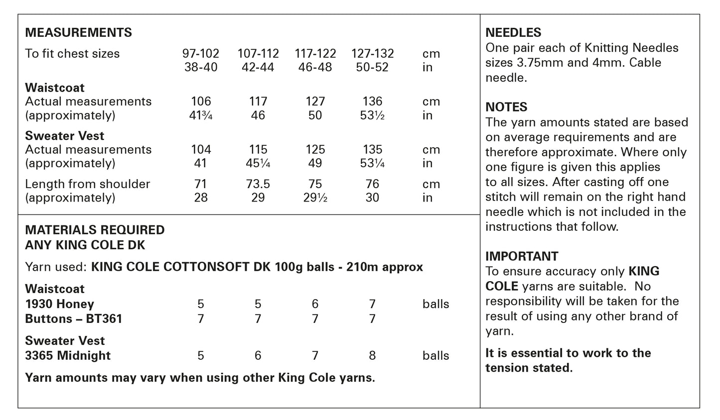 King Cole 6038 Adult DK Waistcoat Sweater Vest Knitting Pattern