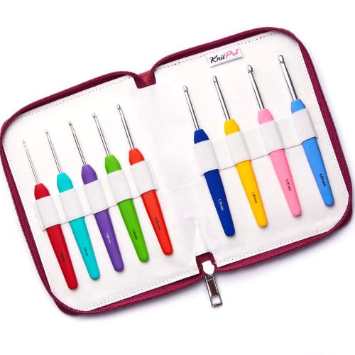 KnitPro Waves Aluminium Crochet Hook Set Pink/Maroon 9 Pieces