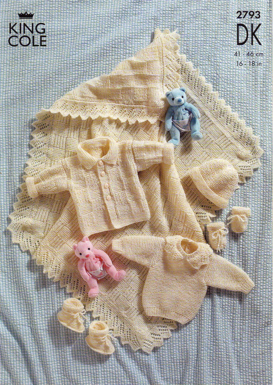 King Cole 2793 DK Baby Shawl Layette Jacket Hat Knitting Pattern