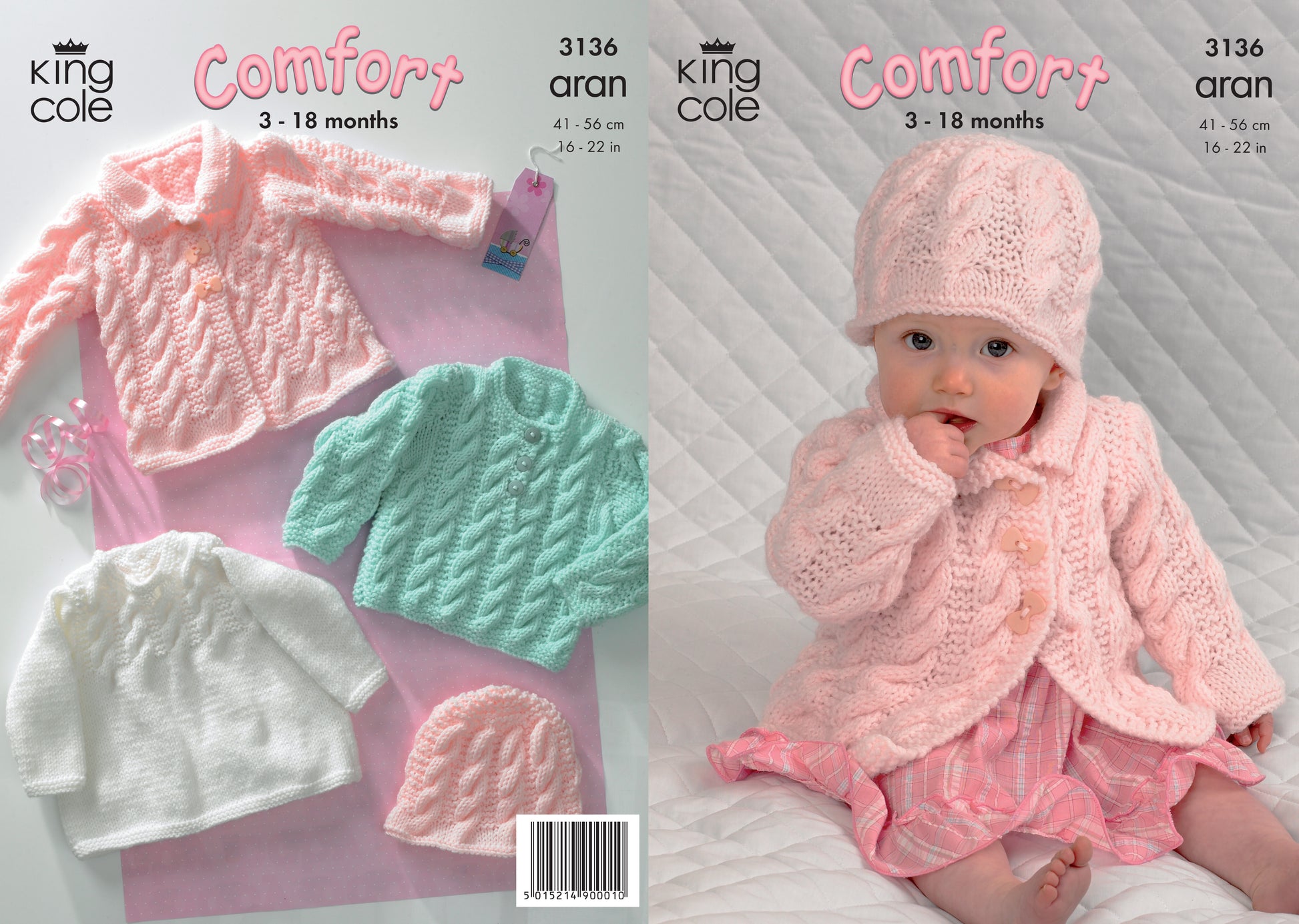 King Cole 3136 Aran Babies Coat dress Sweater Hat Knitting Pattern