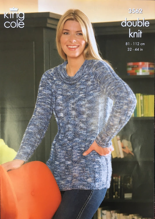 King Cole Ladies Cardigan and Rib Sweater Knitting Pattern 3562