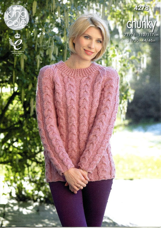 King Cole 4278 Adult Chunky Cabled Raglan Sweater Cardigan Knitting Pattern