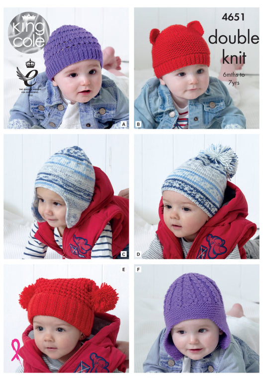 King Cole 4651 Childs DK Hat Knitting Pattern 