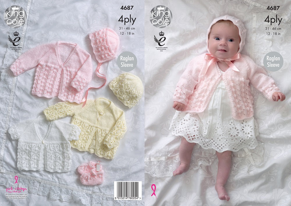 King Cole Matinee Coat Bonnet Hat Bootees Knitting Pattern 4687