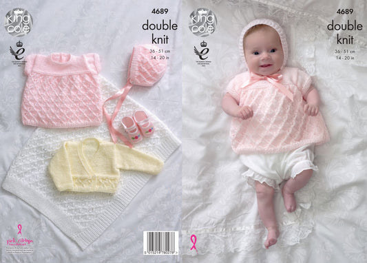 King Cole 4689 DK Baby Top Cardigan Bonnet Blanket Knitting Pattern