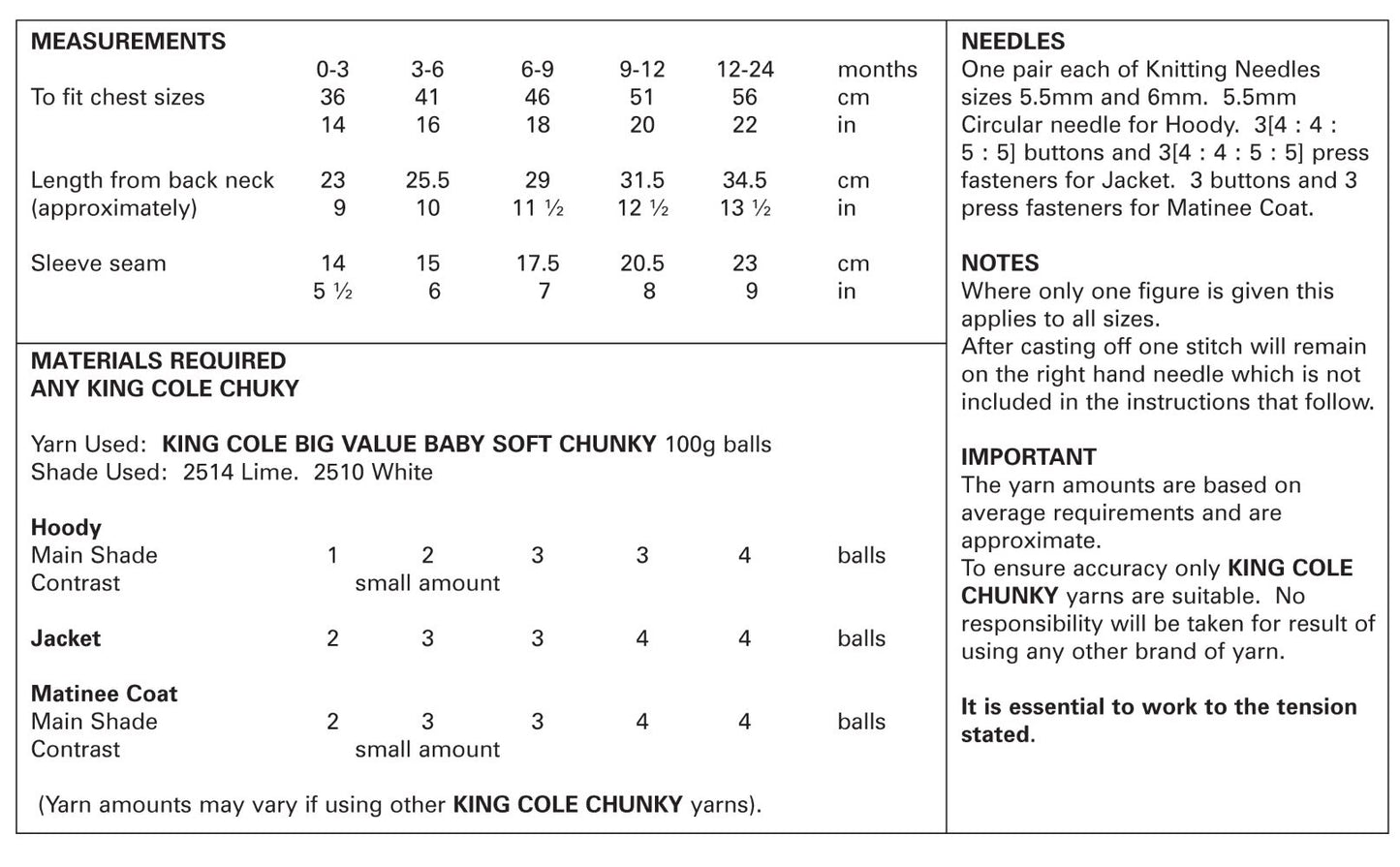 King Cole 4845 Baby Chunky Hoody Jacket Matinee Coat Knitting Pattern