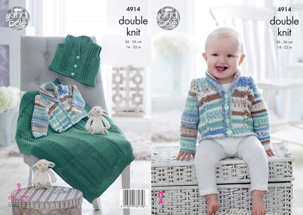 King Cole 4914 Knitting Pattern Jacket Waistcoat Blanket double knit