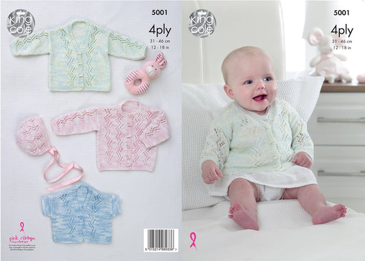 King Cole 5001 4ply Baby Knitting Pattern Cardigan Bonnet