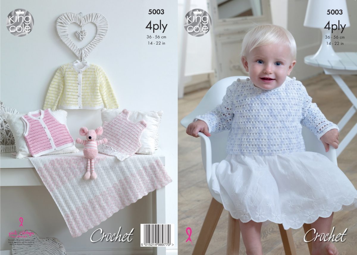 King Cole 5003 Baby 4Ply Dress Sweater Blanket Crochet Pattern 