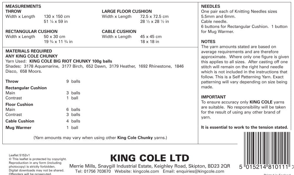 King Cole 5152 Chunky Interior Accessories Knitting Pattern