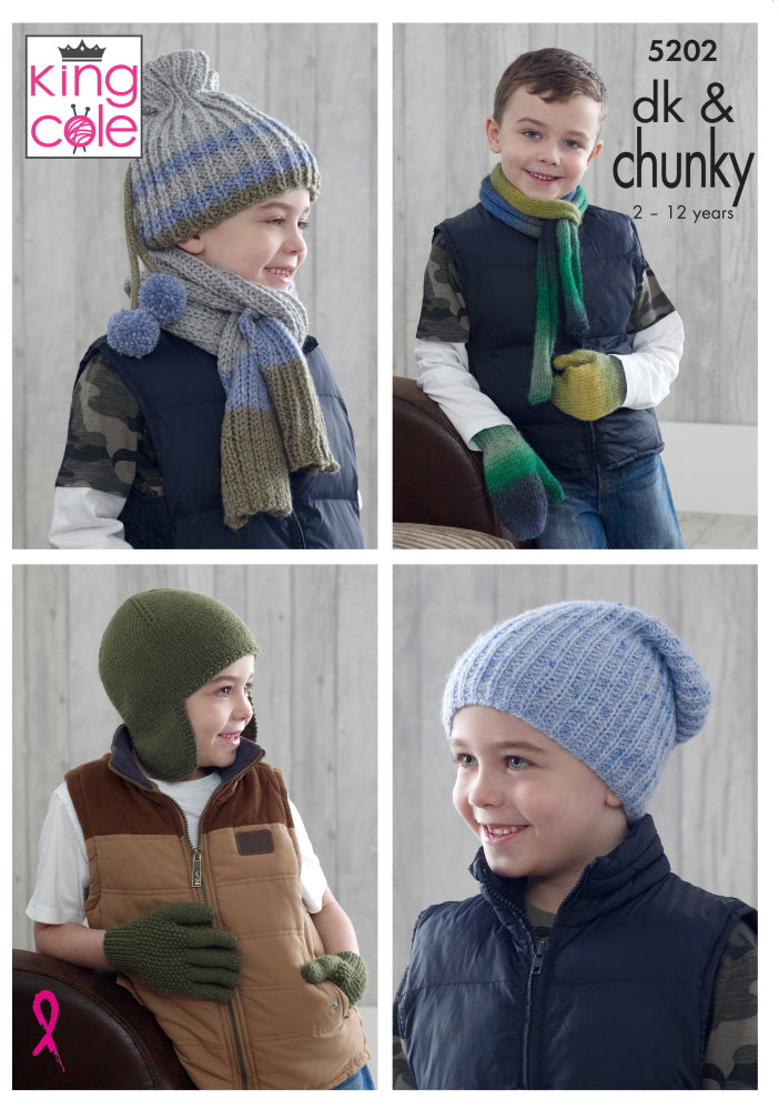 King Cole 5202 Boys Chunky Hat Gloves Scarf Mittens Knitting Pattern