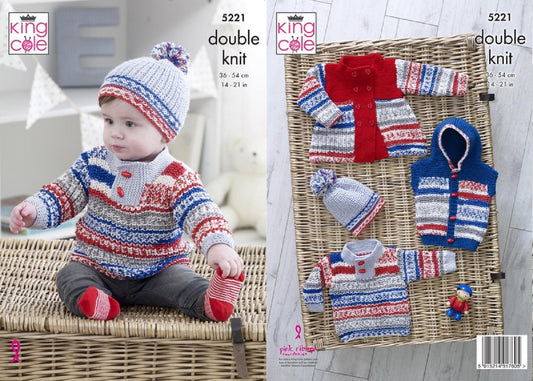 King Cole 5221 DK Baby Coat Gilet Sweater Hat Knitting Pattern