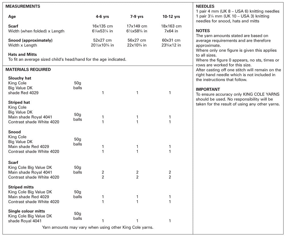 King Cole 5266 Child DK Scarf Hats Mittens Knitting Pattern