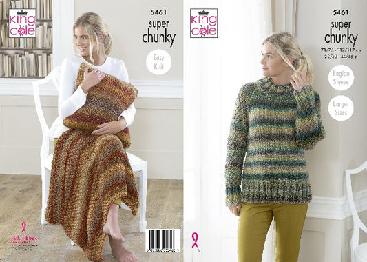 King Cole 5461 Adult Super Chunky Sweater Throw Cushion Knitting Pattern