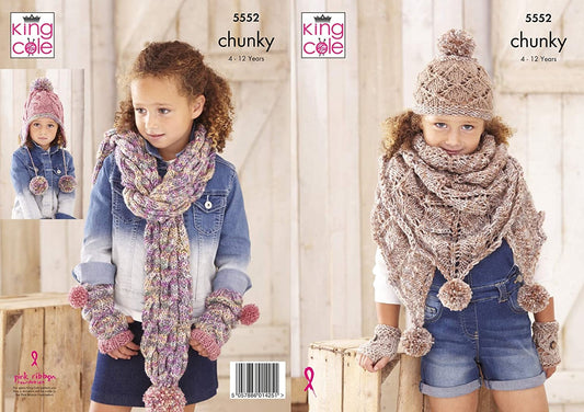 King Cole 5552 Chunky Childs Hat Lace Scarf  Hand Warmers Knitting Pattern