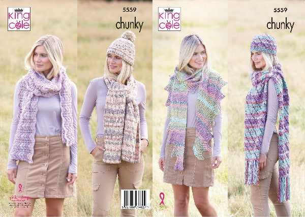 King Cole 5559 Adult Chunky Hats Scarves Knitting Pattern