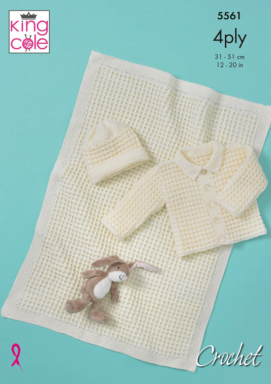 King Cole 5561 Baby Jacket Hat Blanket 4ply Crochet Pattern