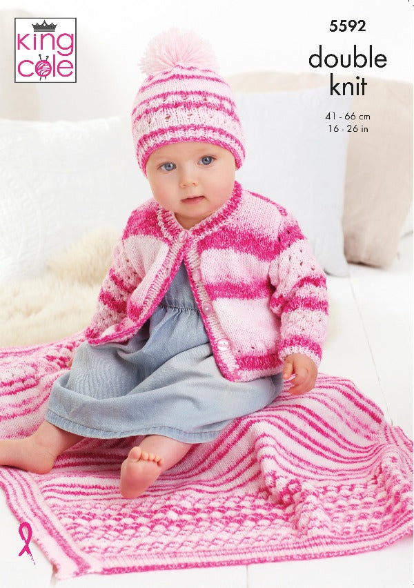 King Cole 5592 Baby DK Cardigan Hat Blanket Knitting Pattern