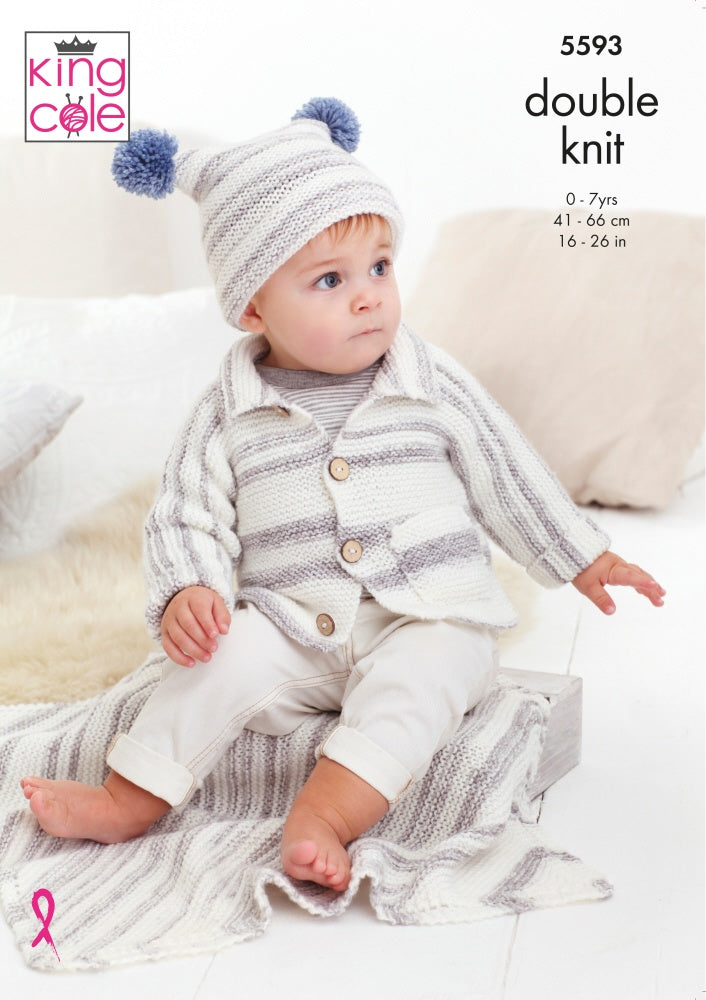 King Cole 5593 Double knit Hat Blanket Cardigan Knitting Pattern