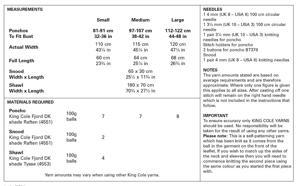 King Cole 5652 Adult DK Poncho Snood Shawl Knitting Pattern