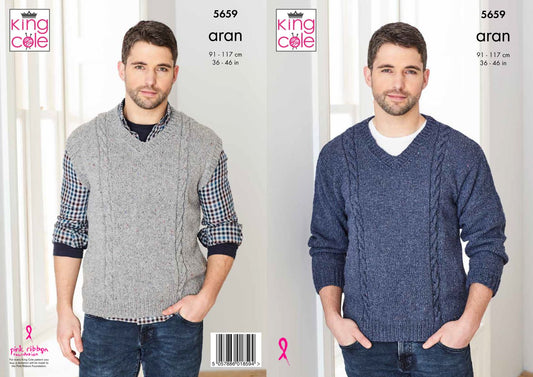 King Cole 5659 Aran Adult Sweater Sleeveless Sweater Knitting Pattern