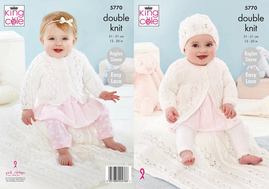King Cole 5770 Babies Cardigan Matinee Jacket Hat Blanket DK  Knitting Pattern
