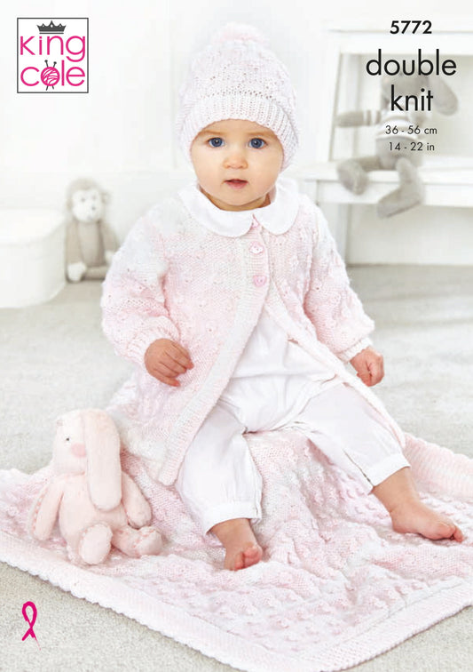 King Cole 5772 Baby DK Cardigan Hat Blanket Knitting Pattern