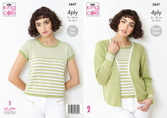 King Cole 5847 Adult 4Ply Cardigan Capped Sleeve Top Knitting Pattern