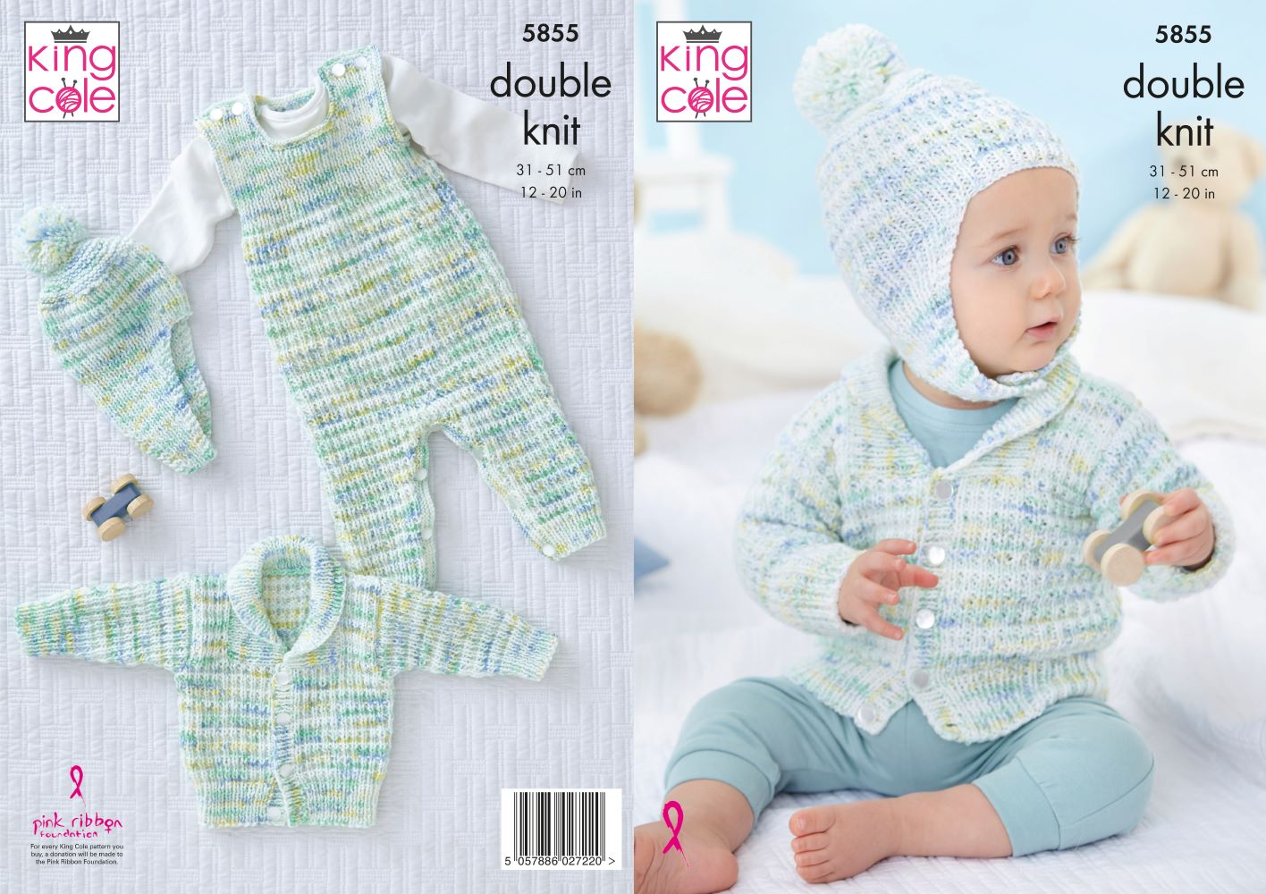 King Cole 5855 Baby DK Dungarees Jacket Hat Knitting Pattern